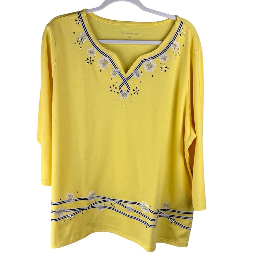 Drapers & Damons Womens‎ Yellow Floral 3/4 Sleeves V-Neck  Top Size 2X